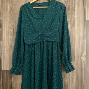 Shein Swiss Dot Long Sleeve Vneck  Mini Dress L Emerald Green